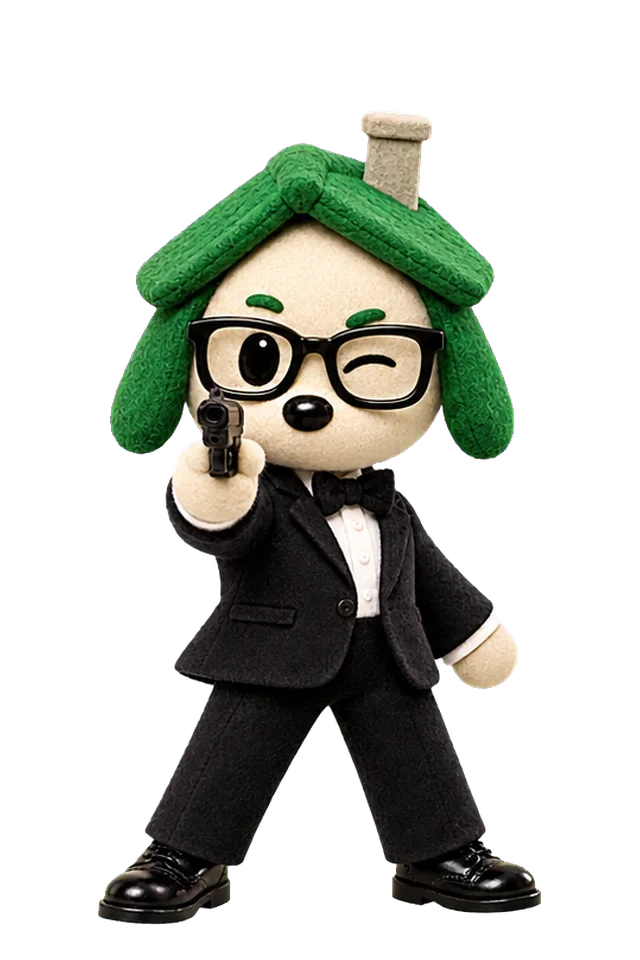 Pongo, a felted dog in a suit, standing ready with a gun