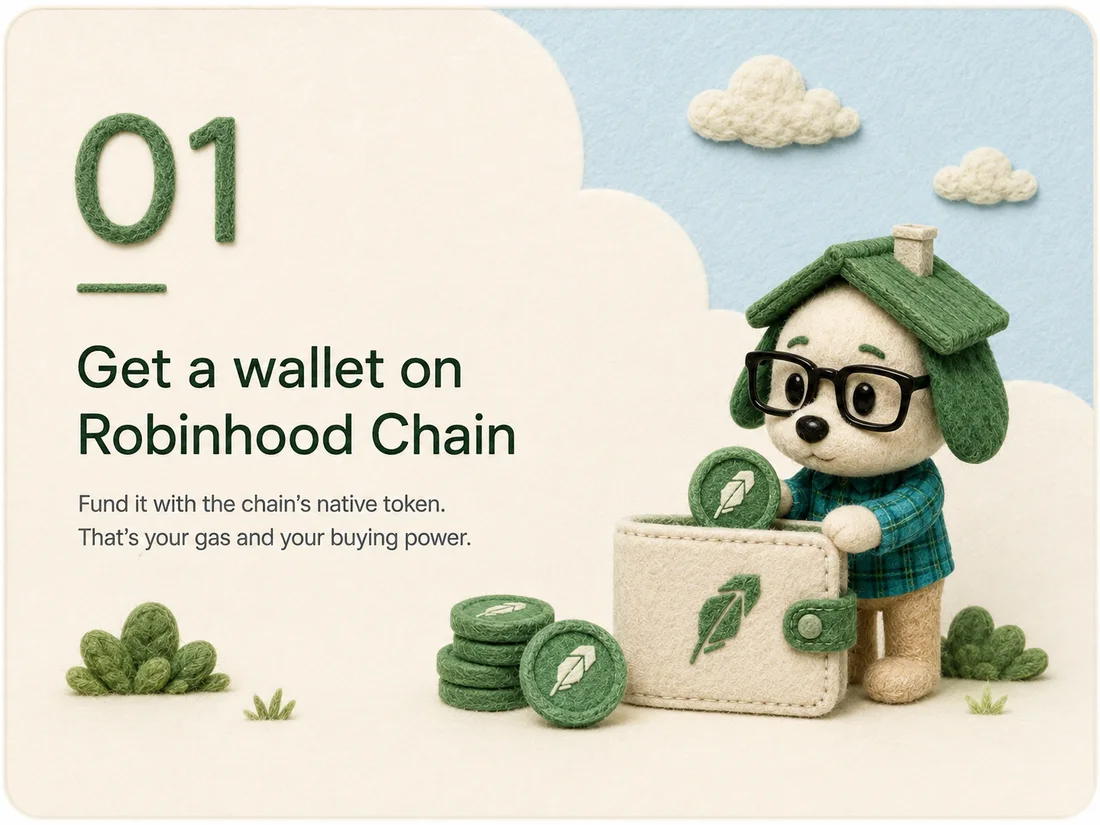 Step 1 — Get a wallet on Robinhood Chain. Fund it with the chain's native token. That's your gas and your buying power.