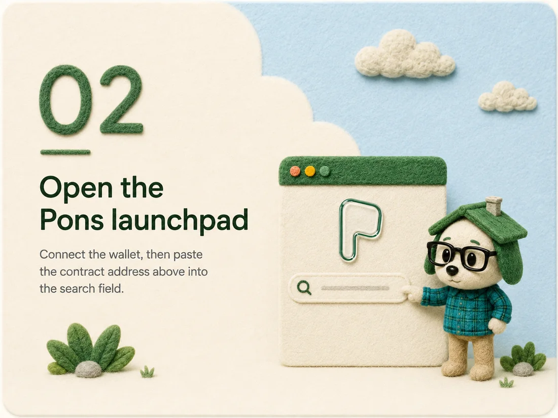 Step 2 — Open the Pons launchpad. Connect the wallet, then paste the contract address above into the search field.