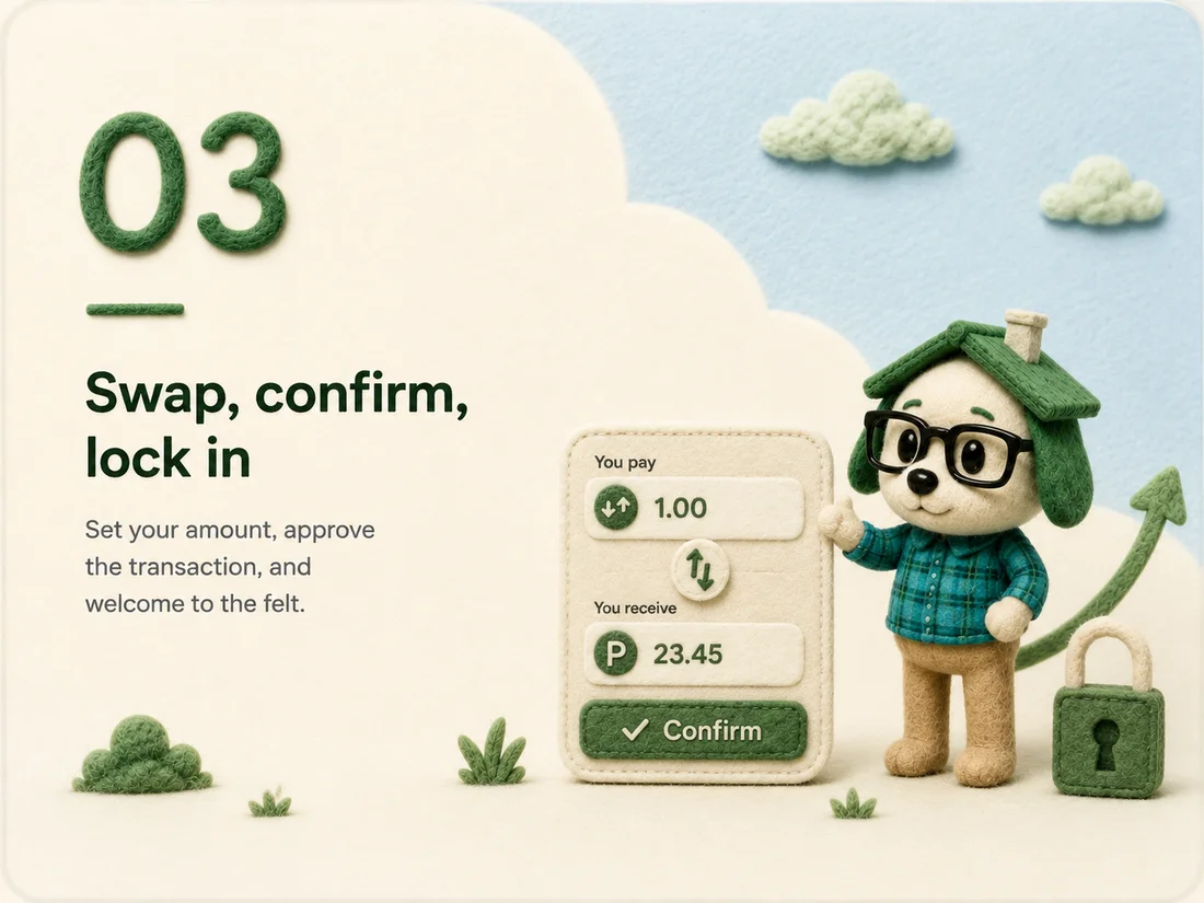 Step 3 — Swap, confirm, lock in. Set your amount, approve the transaction, and welcome to the felt.